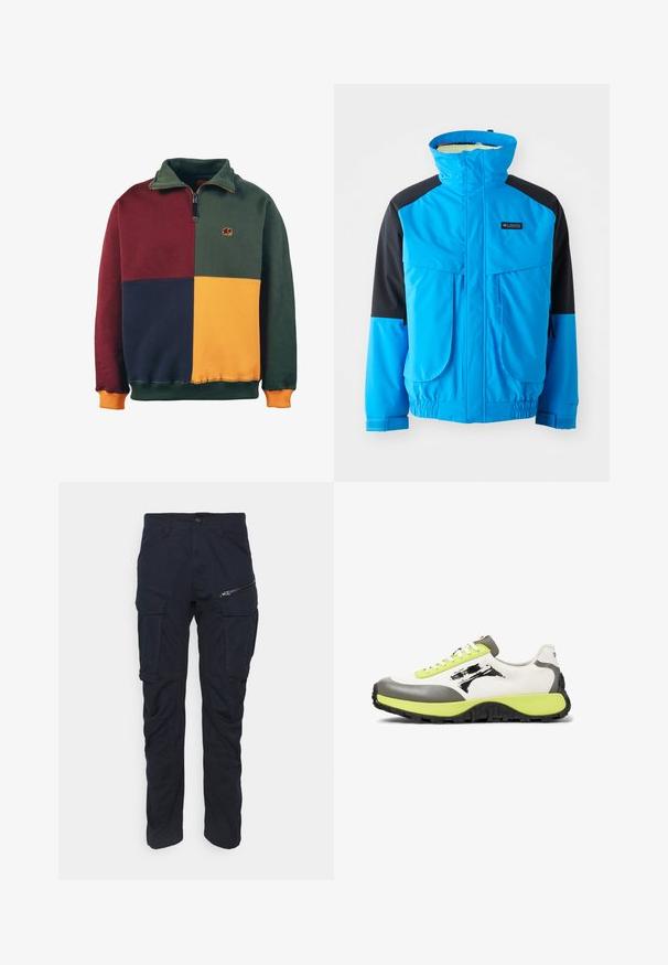 Blaue und schwarze wasserdichte Jacke mit hohem Kragen, zwei Fronttaschen, elastischen Bündchen und verstellbarem Saum. Glatte Textur mit Kontrastnähten.; Blockfarbener Sweatshirt mit Abschnitten in Grün, Burgunderrot, Marineblau und Senfgelb. Reißverschlusskragen-Design mit einem Elefantenlogo auf der Brust. Weicher Stoff.; Dunkelblaue Cargo-Hosen mit einem Reißverschlussfach, mehreren Seitentaschen, geradem Bein und strapazierfähigem Material mit glatter Textur.; Die Sneakers verfügen über ein weißes Obermaterial aus Canvas, graue Gummielemente, neongrüne Schnürsenkel, ein auffälliges Logo und eine strukturierte schwarze Sohle für besseren Grip.