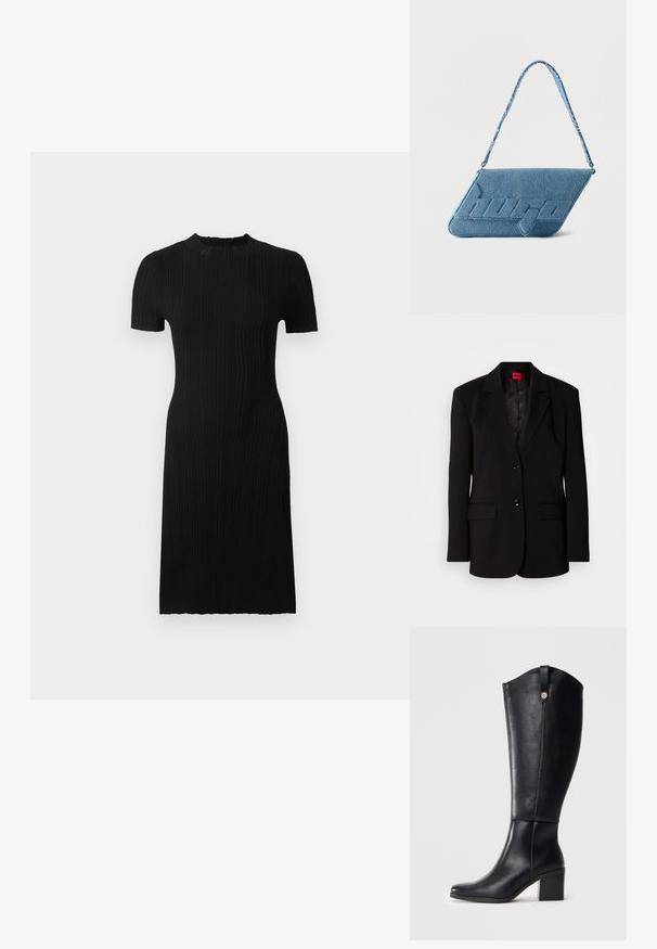 Blazer noir avec revers crantés, deux poches avant, deux boutons et une doublure intérieure à motifs. Confectionné en tissu lisse.; Robe noire côtelée à manches courtes, décolleté rond, silhouette ajustée et longueur genou. Fabriquée en tissu texturé avec des lignes verticales.; Bottes en cuir noires montantes avec un bout carré et un talon bloc. Présentent une couture latérale et un accent métallique décoratif en haut.; Sac à épaule en denim bleu avec un rabat incliné et logo "hugo" embossé, avec une bandoulière en denim assortie.