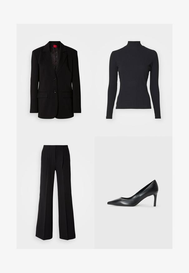 Blazer negro con solapas con muesca, dos bolsillos delanteros, dos botones y un forro interior con estampado. Hecho de tela suave.; Top negro de cuello alto con costillas y mangas largas. Fabricado con una tela elástica con forma ajustada y cuello alto. Diseño simple sin adornos.; Pantalones negros de tejido suave, con cintura alta, silueta de pierna ancha y dos pliegues frontales para añadir detalle de diseño.; Zapato de tacón negro de cuero con punta afilada y un tacón delgado, textura suave y sin adornos visibles. Diseño limpio con una estética minimalista.