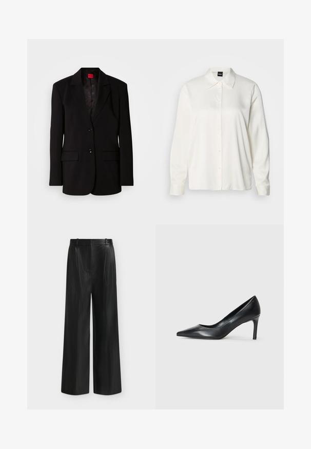 Schwarzer Blazer mit Reverskragen, zwei Vordertaschen, zwei Knöpfen und einem gemusterten Innenfutter. Hergestellt aus glattem Stoff.; Weißes langärmliges Hemd aus glattem Stoff, mit klassischem Kragen, durchgehender Knopfleiste und geknöpften Manschetten, in entspannter Passform.; Schwarze, weit geschnittene Kunstlederhose mit hohem Bund und seitlichem Gürtel-Detail vor hellgrauem Hintergrund.; Schwarze Leder-Pumps mit spitzem Zehenbereich und schmalem Absatz, glatter Textur und ohne sichtbare Verzierungen. Sauberes Design mit minimalistischem Ästhetik.