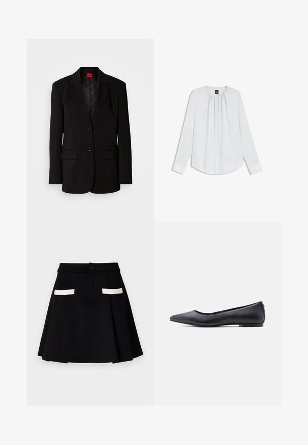 Blazer noir avec revers crantés, deux poches avant, deux boutons et une doublure intérieure à motifs. Confectionné en tissu lisse.; Blouse blanche à manches longues avec col plissé, boutons avant cachés et poignets, posée à plat sur un fond blanc.; Jupe noire avec un design évasé, dotée de deux poches avant avec des accents blancs, d'une fermeture à bouton et d'une texture de tissu lisse.; Chaussure plate en cuir noire à bout pointu avec petit talon, vue de profil sur fond blanc.