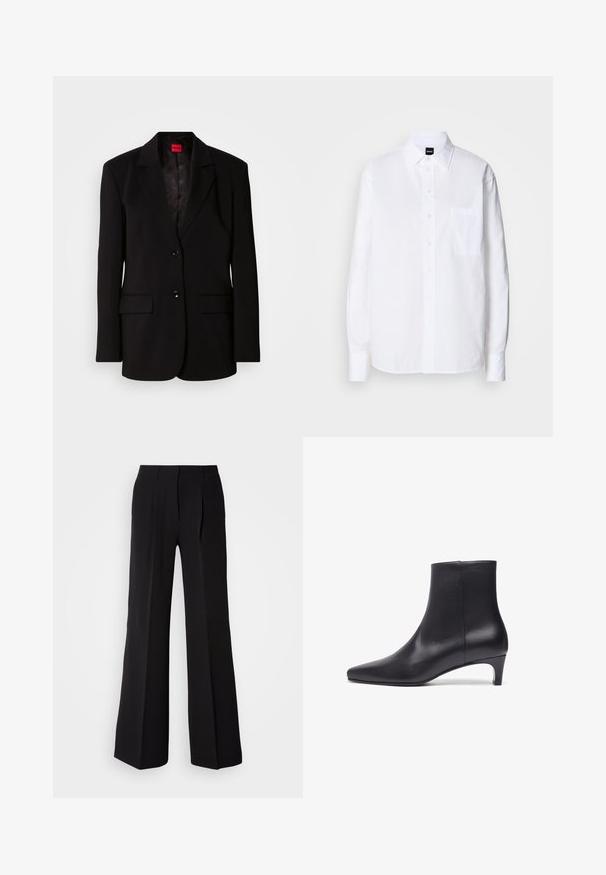 Zwarte blazer met neklapjes, twee voorzakken, twee knopen en een binnenvoering met patroon. Gemaakt van gladde stof.; Wit katoenen overhemd met een klassieke kraag, lange mouwen, een borstzak en een gladde, frisse textuur.; Zwarte broeken van soepele stof, met een hoge taille, wijde pijpen en twee plooien aan de voorkant voor extra ontwerpelementen.; Zwarte leren enkelboot met een puntige neus, een gladde textuur en een bescheiden hak, met een slank ontwerp zonder zichtbare hardware of accenten.