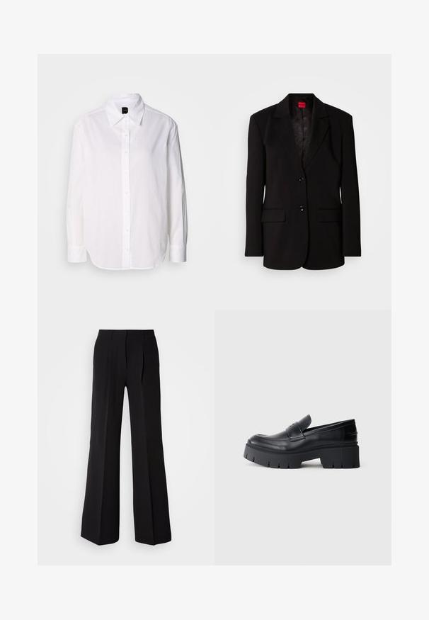 Schwarzer Blazer mit Reverskragen, zwei Vordertaschen, zwei Knöpfen und einem gemusterten Innenfutter. Hergestellt aus glattem Stoff.; Weißes Langarmhemd mit Knopfleiste aus leichtem Stoff. Verfügt über einen klassischen Kragen, Frontknöpfe und geknöpfte Ärmel.; Schwarze Hose aus glattem Stoff, mit hohem Bund, weitem Schnitt und zwei vorderen Falten für zusätzlichen Designakzent.; Schwarzer klobiger Plateau-Schlüpfschuh mit glattem Lederoberteil, dekorativem Riemen und dicker strukturierter Sohle auf weißem Hintergrund.