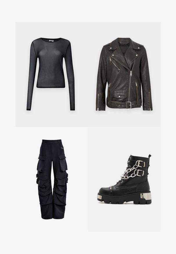 Veste en cuir noir de style biker avec poches zippées, finitions en métal argenté et taille ceinturée. Présente un design asymétrique classique et une finition texturée.; Haut noir à manches longues en maille transparente avec col rond et silhouette ajustée, présenté sur un fond uni.; Pantalons cargo noirs en tissu texturé, dotés de multiples grandes poches, d'une coupe relaxée et de détails froncés sur les côtés.; Koi Footwear SHACKLED SHADOWS HEAVY DUTY CHAIN - Bottines de cowboy / motard - black