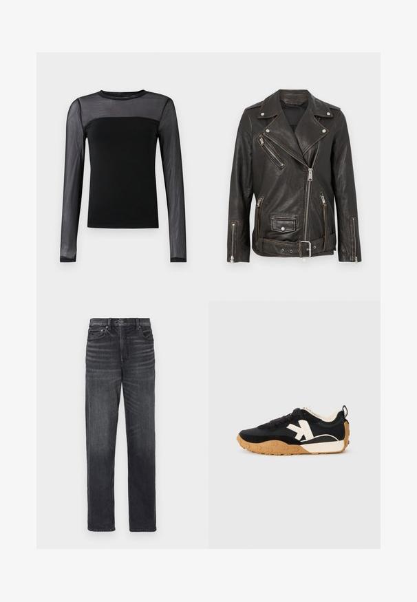 Veste en cuir noir de style biker avec poches zippées, finitions en métal argenté et taille ceinturée. Présente un design asymétrique classique et une finition texturée.; Haut noir à manches longues avec un corps uni et des manches en maille transparente, avec un col rond et une coupe ajustée.; Jean en denim noir avec une coupe droite, dotés de poches avant, d'une fermeture à bouton et d'un léger délavage.; Baskets noires et beiges avec semelle en caoutchouc, design à lacets, col rembourré et un grand logo en forme de flèche sur le côté.