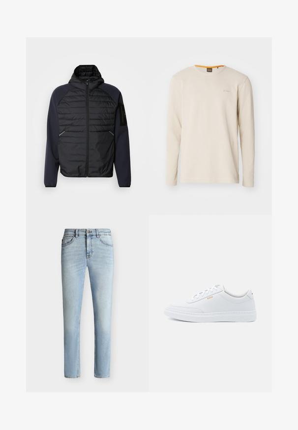 Hoodie s čiernym prešívaným predným dielom, námorníckymi modrými rukávmi, so zipsovým zapínaním a bočnými vreckami. Obsahuje nášivku loga na rukáve.; Svetlo béžové tričko s dlhým rukávom vyrobené z textúrovanej tkaniny. Má okrúhly výstrih a malé logo na hrudi s oranžovým akcentom vo vnútri goliera.; Svetlomodré slim fit rifle z denimu s predným gombíkom a zipsom, dizajn s piatimi vreckami a jemným blednutím od stehna po koleno.; Biele kožené tenisky s hladkým povrchom, zaoblenou špičkou a tónovým prešívaním. Obsahujú modré šnúrky a zlaté logo na boku.
