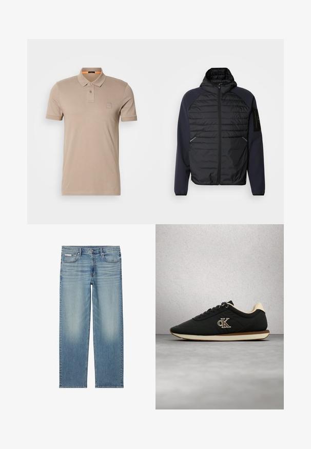 Kapuutiga jope musta pehmendatud ette, tumesinised varrukad, lukuga kinnitamine ja küljetaskud. Varukal on logo pärg.; Beige puuvillane polo-särk, millel on kahe nupuga kaelus, lühikesed varrukad ja diskreetne logopatch rinnal. Krae sisekülg on oranž.; Hele sinised sirge säärega teksapüksid tuhmunud detailidega, esikäepidemed ja lukuga, viie taskuga disain, sealhulgas väike Calvin Kleini silt taskul.; Must nahast tenniskingad beežide detailide ja kreemja tallaga. Omavad tekstuurset pinda, ees paelaga kinnitust ja tikandiga logodetaili.