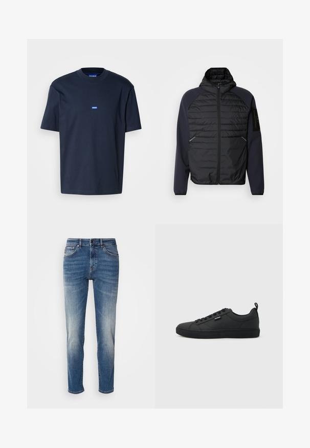 Veste à capuche avec un devant matelassé noir, des manches bleu marine, une fermeture éclair et des poches latérales. Dotée d'un patch logo sur la manche.; T-shirt en coton bleu marine avec un col rond, manches courtes et un petit logo bleu sur la poitrine. Texture lisse, coupe décontractée.; Jean en denim bleu avec une coupe droite, des décolorations légères, un style classique à cinq poches et une fermeture éclair avec bouton.; Baskets basses noires à fermeture à lacets, semelle plate, avec une petite étiquette "HUGO" sur le côté, présentées de profil sur un fond clair.