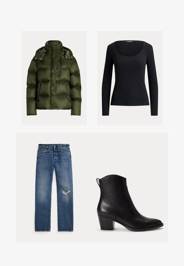 Olijfgroene donsjas met hoge kraag, afneembare capuchon met drukknopen, voorzak met rits en zijzakken.; Zwarte ribgebreide top met lange mouwen, ronde hals, aansluitende pasvorm en Lauren Ralph Lauren-label aan de binnenkant van de kraag.; Blauwe spijkerbroeken met een middelhoge taille, vijf zakken en een rafelachtig gat op de rechterknie.; Zwarte leren enkellaars met lage blokhak, ronde neus en trekriem aan de achterkant tegen een effen witte achtergrond.