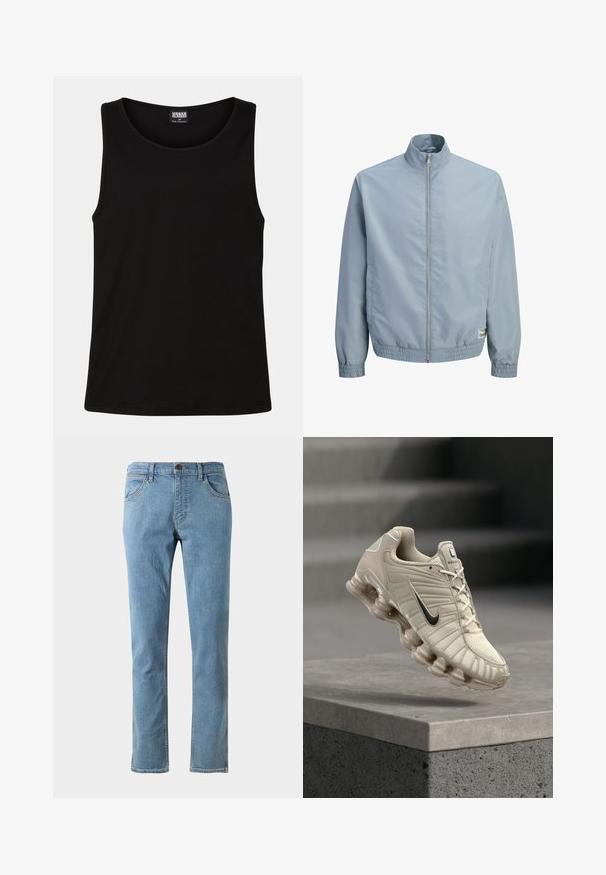 Veste zippée bleu clair avec col montant, poignets et ourlet élastiques, et deux poches latérales, présentée sur fond blanc.; Débardeur noir en coton doux. Il présente un col rond et des emmanchures larges, sans motifs ni accents visibles.; Jean droit bleu clair en denim avec poches avant, fermeture à bouton et détails de couture subtils le long des coutures.; Chaussure de course Nike beige avec swoosh noir, empeigne respirante et semelle segmentée distinctive, posée au-dessus d'une plateforme en béton.