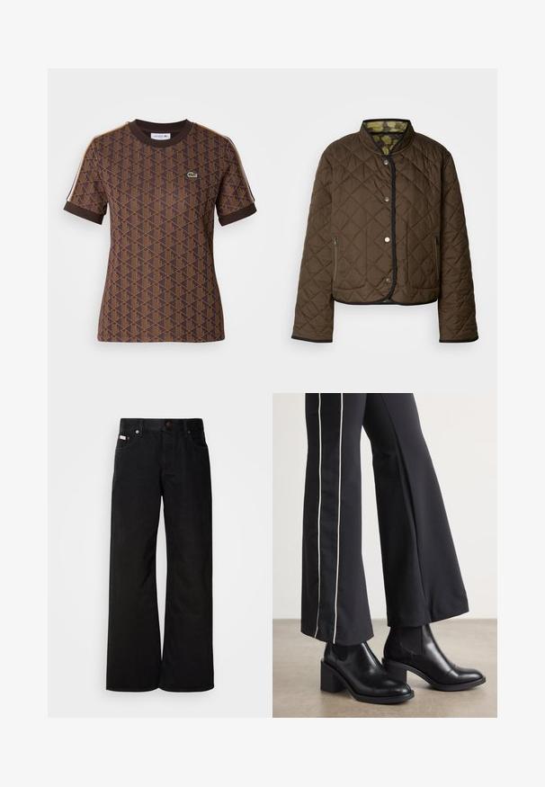 Gepolsterte braune Jacke mit schwarzem Besatz, ausgestattet mit einem hohen Kragen, Druckknöpfen und zwei seitlichen Reißverschlusstaschen. Das Innere hat ein gemustertes Futter.; Braunes Kurzarm-T-Shirt mit einem geometrischen Muster in dunklerem Braun, einem gerippten Rundhalsausschnitt und kontrastierenden Schulterstreifen. Lacoste-Logo vorhanden.; Schwarze weite Jeans aus Baumwolle. Verfügt über frontale Taschen, einen Knopfverschluss und eine klassische Denim-Textur. Minimalistisches Design ohne Muster.; Schwarze Lederstiefeletten mit einem Blockabsatz, ausgestattet mit elastischen seitlichen Einsätzen. Kombiniert mit schwarzen Hosen, die einen weißen Seitenstreifen haben.