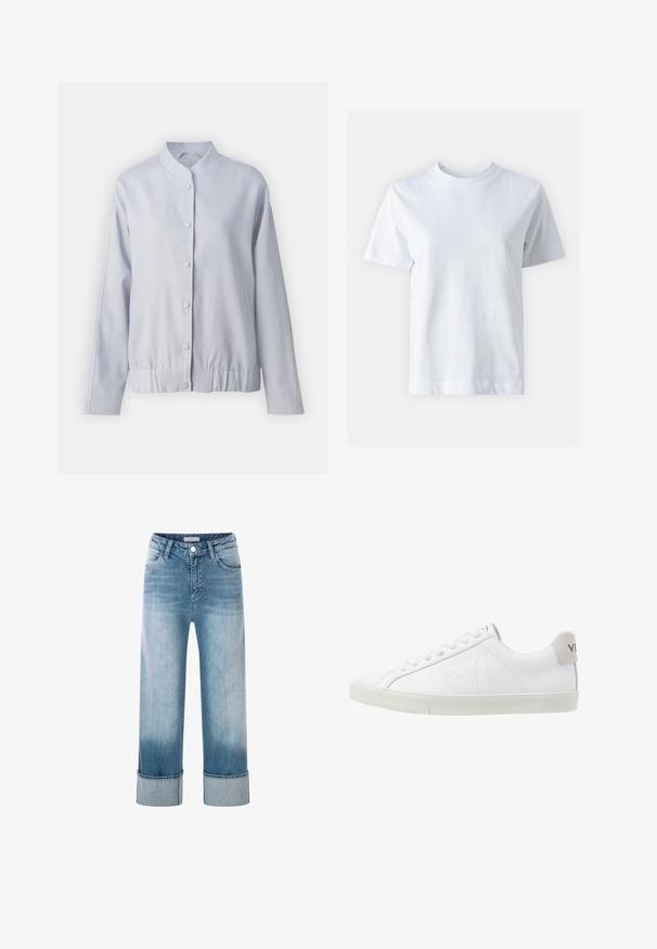 Helle blaue Jacke mit Stehkragen, Druckknöpfen, langen Ärmeln, elastischem Bund und seitlichen Taschen. Hergestellt aus einem weichen Stoff mit glatter Textur.; Weißes Baumwoll-T-Shirt mit Rundhalsausschnitt, kurzen Ärmeln, gerader Schnittführung und glatter Textur. Keine Muster oder Verzierungen.; Helle blaue Jeans aus Denim mit hoher Taille, weitem Bein und umgeschlagenen Säumen. Besitzt ein klassisches Fünf-Taschen-Design und Details aus Kupfer.; Weiße Ledersneaker mit einer strukturierten, cremefarbenen Gummisohle. Zu den Merkmalen gehören Schnürsenkel, dezente Nähte und ein grauer Wildleder-Hackeneinsatz.