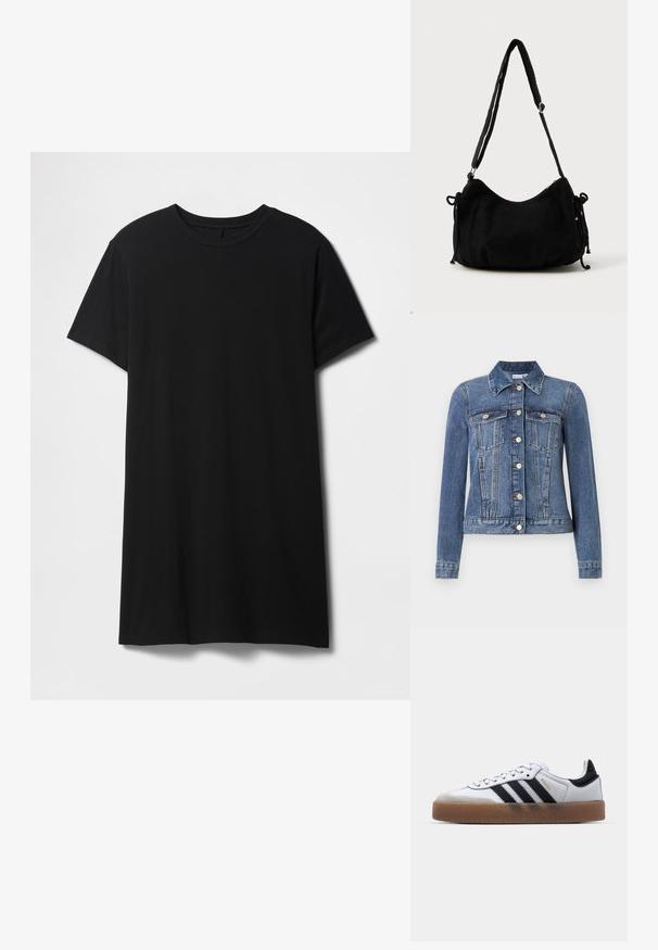 Blå denimjakke med knaplukning, to brystlommer med klapper, lange ærmer og en krave, lagt fladt på en hvid baggrund.; Sort kortærmet t-shirt lavet af bomuld, med klassisk rund halsudskæring og en lige kant, med en glat, mat tekstur.; Hvide lædersneakers med sorte striber, gummirubber sål, rund tå, snørelukning og blød grå ruskinds tåhætte.; Sort kordfløjls skuldertaske med en buet form, justerbar strop og snorelukninger på begge sider til størrelsejustering.