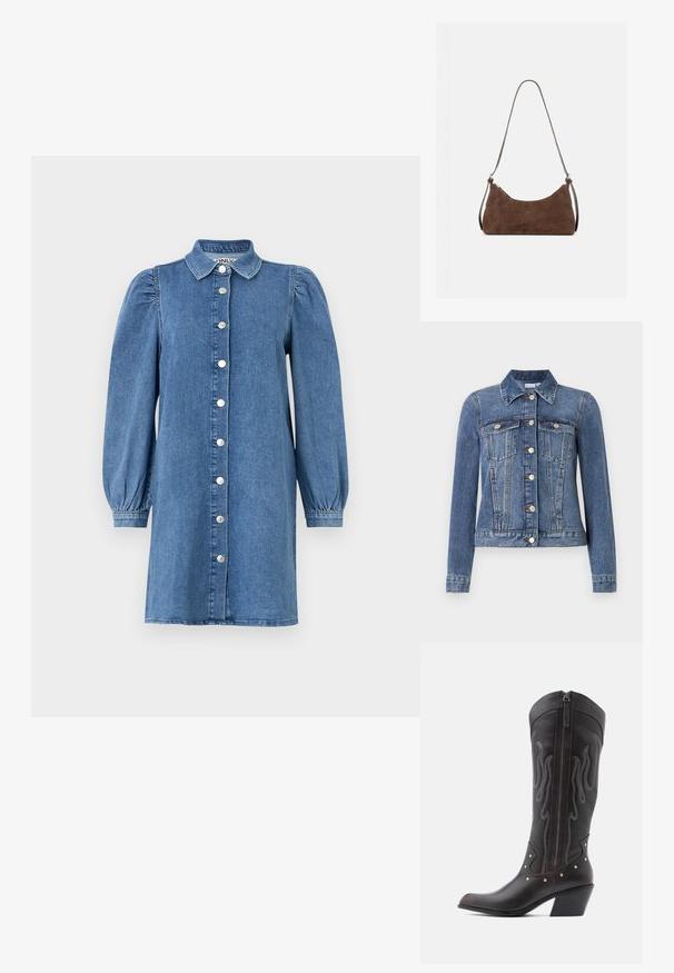 Blaue Jeansjacke mit Knopfverschluss, zwei Brusttaschen mit Klappen, langen Ärmeln und Kragen, flach auf weißem Hintergrund liegend.; Denimkleid mit langen Puffärmeln, Knopfleiste, Kragen und geradem Schnitt. Blauer Stoff mit glatter Textur.; Braune Cowboy-Stiefel aus Leder mit Flammenstickerei, seitlichem Reißverschluss, silbernen Nieten, spitzer Zehenpartie und geschichtetem Absatz.; Braune Wildleder-Umhängetasche mit gebogenem oberen Reißverschluss und dünnem verstellbarem Riemen, dargestellt vor einem schlichten hellen Hintergrund.