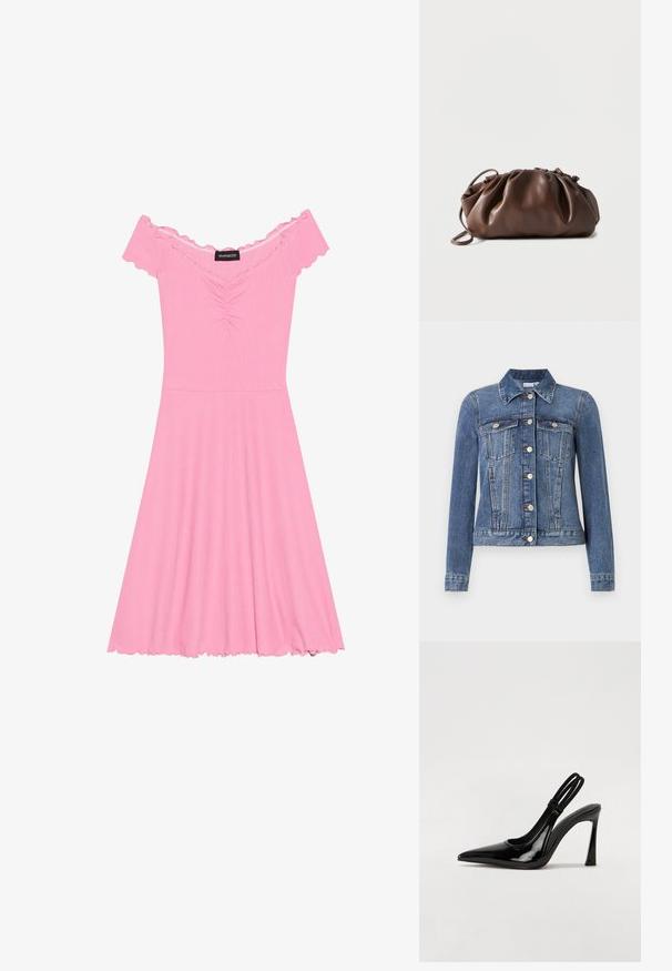 Blauwe spijkerjas met knoopsluiting, twee borstzakken met kleppen, lange mouwen en een kraag, plat liggend op een witte achtergrond.; Roze off-shoulder jurk van ribstof, met een ruched lijfje, een uitlopende rok en een gerimpeld randje op de mouwen en de zoom.; Zwarte gepatineerde leren slingback pump met puntige neus, slanke hoge hak en dubbele elastische band voor een veilige pasvorm. Gladde, glanzende oppervlakte.; Zachte bruine leren tas met samengevouwen bovenkant en smalle riem, liggend op een witte achtergrond.