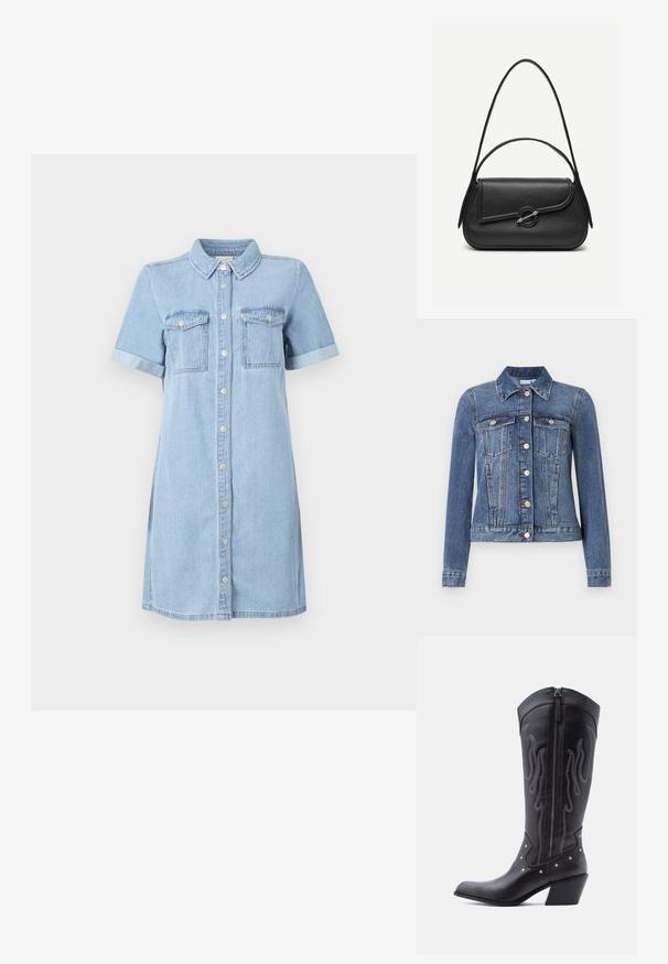 Blaue Jeansjacke mit Knopfverschluss, zwei Brusttaschen mit Klappen, langen Ärmeln und Kragen, flach auf weißem Hintergrund liegend.; Helles blaues Denimkleid mit kurzen Ärmeln, Knopfleiste, zwei Brusttaschen und umgeschlagenen Ärmeln. Glatte Textur und geradliniger Schnitt.; Schwarze Cowboy-Stiefel aus Leder mit spitzer Zehenpartie, sichtbarer Nahtführung, silbernen Nietenakzenten und Reißverschluss auf der Innenseite.; Schwarze Lederhandtasche mit abgerundeten Kanten, asymmetrischem Überschlag, metallfarbenem runden Verschluss und kurzen sowie langen Schulterriemen.