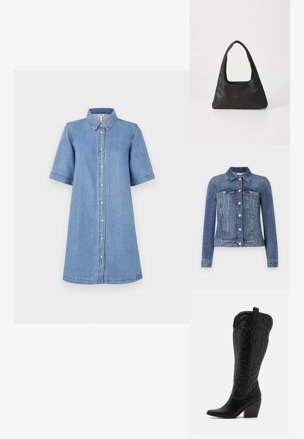Blauwe spijkerjas met knoopsluiting, twee borstzakken met kleppen, lange mouwen en een kraag, plat liggend op een witte achtergrond.; Denim jurkje, lichtblauw, korte mouwen, kraag, knopen aan de voorkant, knie-lang, stikdetails op de mouwen, casual pasvorm.; Zwarte leren kniehoge laarzen met puntige neus en gestapelde hak. Voorzien van decoratief stiksel en gebogen designelementen.; Zwart leren handtas met een triangulaire vorm, een grote uitsparingshandgreep en gedetailleerde stiksels langs de randen. Glad textuur.