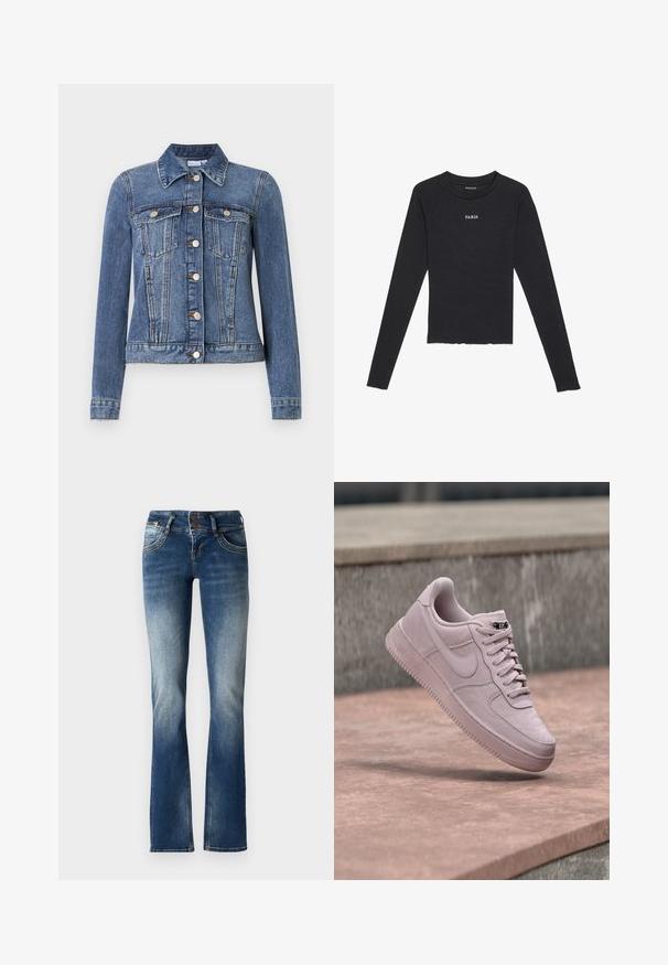 Blå denimjakke med knaplukning, to brystlommer med klapper, lange ærmer og en krave, lagt fladt på en hvid baggrund.; Even&Odd Langærmet T-shirt - black/white; Blå denim flared jeans med en let falmet vask, to-knaps lukning og dekorativ broderi på forlommerne.; Lyserød Nike Air Force 1 sneaker svæver over en betongulv med rosa nuance med en grå stenvæg i baggrunden.