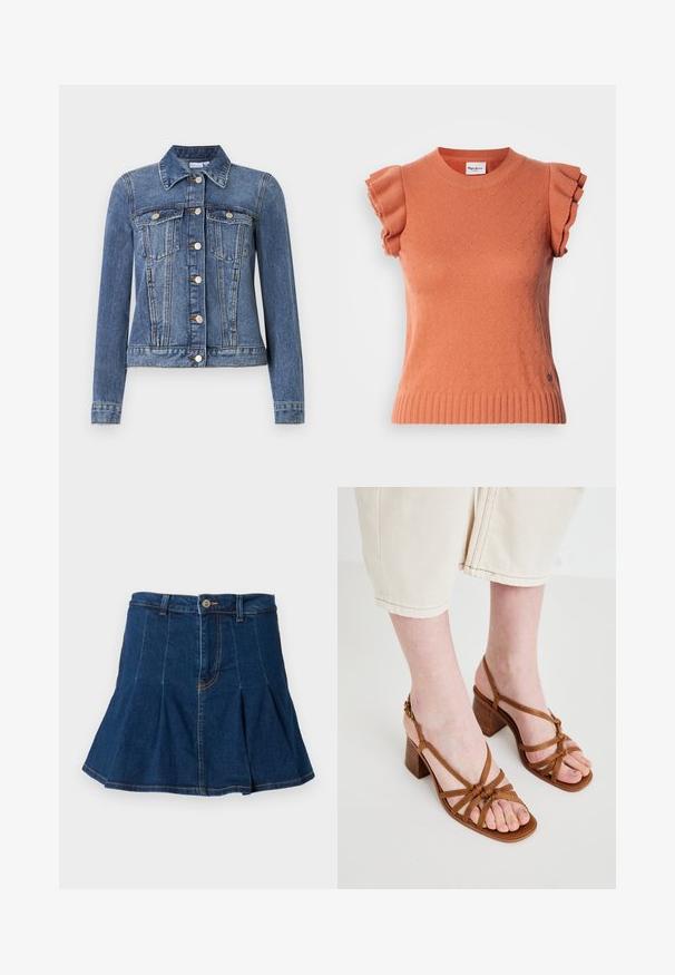 Blå denimjakke med knaplukning, to brystlommer med klapper, lange ærmer og en krave, lagt fladt på en hvid baggrund.; Orange kortærmet strikket sweater med flæseærmer, der har et tekstureret mønster og en ribbet kant. Mærkeetiketten er synlig på forsiden.; Jeansnederdel i mørkeblå med plisseret design, fem lommer, frontknaplukning og kontrasterende syninger.; Brune sandaler med høje hæle og stropper, der har en kraftig hæl. De har knyttede stropper og et åbent tådesign. Tekstureret sål og justerbar ankelstrop.