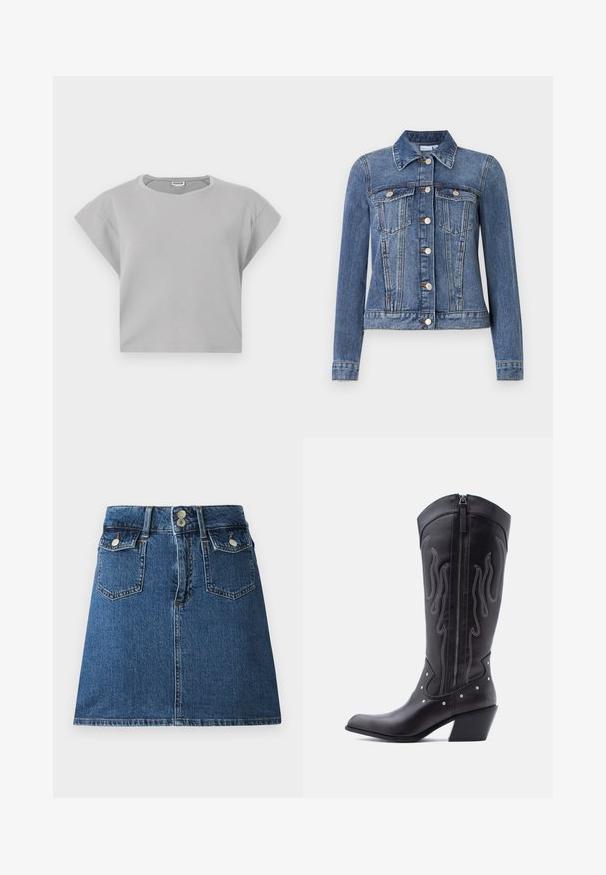 Blaue Jeansjacke mit Knopfverschluss, zwei Brusttaschen mit Klappen, langen Ärmeln und Kragen, flach auf weißem Hintergrund liegend.; Helles grauer, verkürzter Sweatshirt mit kurzen, gerollten Ärmeln, rundem Ausschnitt und dezenten Stichdetails. Hergestellt aus weichem, atmungsaktivem Material.; Jeansrock in Dunkelblau mit tailliertem Bund, zwei Vorder- und zwei Hintertaschen sowie silberfarbener Knopfverschluss.; Schwarze Cowboy-Stiefel aus Leder mit spitzer Zehenpartie, sichtbarer Nahtführung, silbernen Nietenakzenten und Reißverschluss auf der Innenseite.