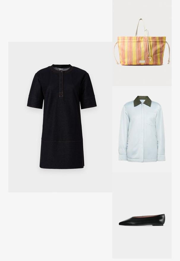 Lyseblå jakke lavet af glat stof med en mørkegrøn kordfløjlskrave, en brystlomme og knapmansjetter. Enkel og moderne design.; Sort kortærmet kjole lavet af denimstof, med rund halsudskæring, knaplukning og kontrasterende orange stikninger.; Sort damesko i læder med flad hæl og spids tå, vist fra siden på en ensfarvet lys grå baggrund.; Stribet shoppingtaske i gule og pastelfarver, lavet af stof. Har en snøre lukning og to håndtag for nem bæring.