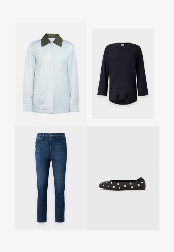 Lichtblauwe jas van gladde stof met een donkergroene corduroy kraag, een borstzak en knopenmanchetten. Eenvoudig en modern ontwerp.; Zwart shirt met lange mouwen en ronde hals, met een licht gebogen zoom, weergegeven tegen een lichtgrijze achtergrond.; Blauwe slim-fit jeans met een klassiek vijf-pocket ontwerp en knoopsluiting, voorzien van subtiele vervaging en een schone rechte pijp.; Zwarte ballerina met elastische achterkant en verspreide grote zilveren ronde studs op de bovenzijde, in profiel weergegeven tegen een witte achtergrond.