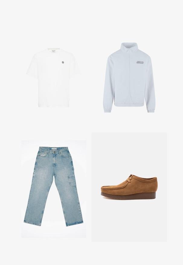 Leichte weiße Zip-Jacke mit hohem Kragen, elastischen Bündchen und einem silbernen Logo im linken Brustbereich. Glatte Stofftextur.; Weißes Kurzarm-T-Shirt mit Rundhalsausschnitt und einem kleinen grauen geometrischen Logo auf der linken Brust. Hergestellt aus weichem Baumwollmaterial.; Hellblaue Jeans-Cargohosen mit geradem Bein, Fronttaschen und einer seitlichen aufgesetzten Tasche. Abgenutzte Textur und verwaschener Look.; Brauner Wildleder-Mokassin-Schuh mit dicken, dunklen Sohlen, Seitenansicht vor einfachem hellem Hintergrund.