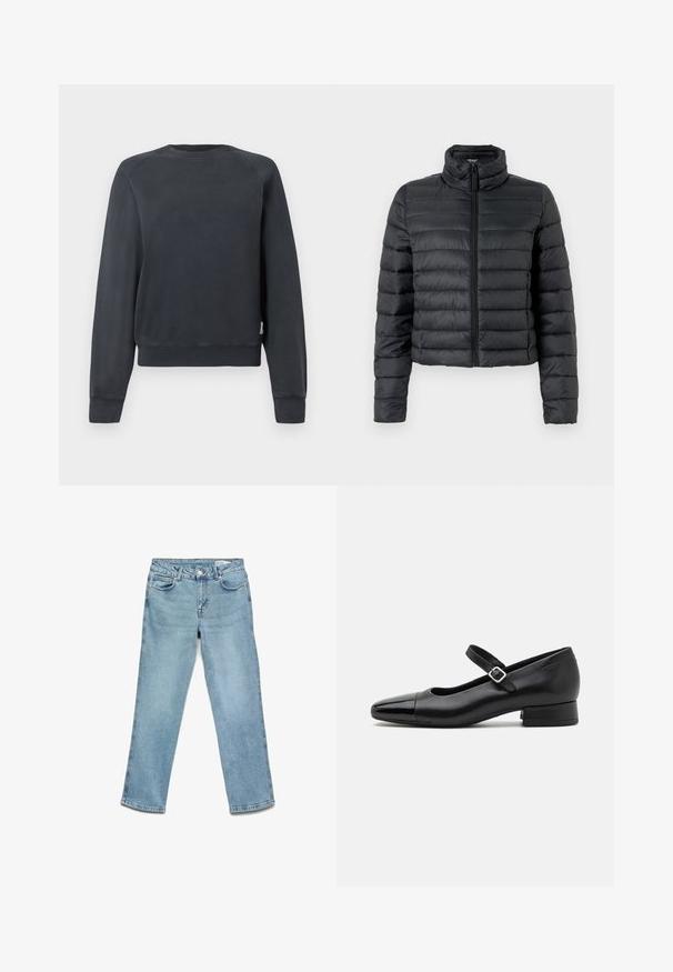 Sort pufjakke med høj krave, frontlynlås og quiltet design. Har en cropped længde og glat, syntetisk stoftekstur.; Mørkegrå sweatshirt med rund halsudskæring, raglanærmer samt ribstrikkede manchetter og kant. Glat tekstur uden synlige mønstre eller accenter.; Lyseblå denimjeans med et lige ben-design, fem lommer og knaplukning. Glat tekstur med minimal falmning.; Sorte læder Mary Jane-sko med en patenttå, justerbar ankelrem og lav blokhæl. Glat tekstur og strømlinet design.