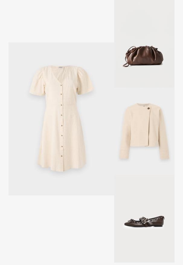 Kremfarvet cropped uldjakke med lange ærmer og asymmetrisk frontlukning, der lukkes med en stor brun knap.; Lys beige kjole med V-udskæring, korte pufærmer og en udskåret nederdel. Har frontknapper og et blødt, tekstureret stof.; Mørkebrune lædersko med flad sål og spids snude, dobbelt sølvsnørrebånd, metaløjer og dekorativ sløjfe foran.; Blød brun læderpung med samlet top og tynd strop, hvilende på hvid baggrund.