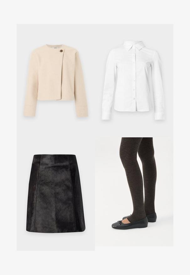 Kremfarvet cropped uldjakke med lange ærmer og asymmetrisk frontlukning, der lukkes med en stor brun knap.; Hvid skjorte med lange ærmer, knapper, spids krave, lige kant og tætsiddende silhuet, vist på en ensartet lys baggrund.; Sort læder mini-nederdel med en glat, tekstureret overflade. Har en tætsiddende talje og rene linjer, der fremhæver det strømlinede design.; Ben iført mørke ribbede leggings kombineret med sorte balletsko med små sløjfedetaljer på hvid baggrund.