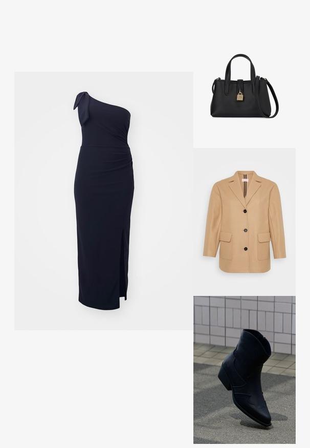 Beige uldblandingsjakke, skræddersyet design, med hakker, sorte knapper, to forlommer og stribet indvendig foring.; En skulder, mørkeblå kjole med en knudedetalje ved skulderen, rynket talje og sideslids; lavet af glat, elastisk stof.; Sort læderankelstøvle med lav hæl, dekorative syninger og spids tå, placeret opret på en brolagt overflade ved siden af en flisebelagt væg.; Sort læderhåndtaske med to top håndtag, guld hængelåsdetalje og en justerbar skulderrem på en hvid baggrund.
