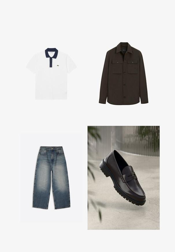 Donkerbruin overhemdjack met lange mouwen, puntige kraag, knoopsluiting aan de voorkant en twee borstzakken met klep en knoop, weergegeven op een witte achtergrond.; Witte polo shirt van katoen, met een marineblauwe kraag en een drieknopenlijst. Inclusief een klein groen geborduurd logo op de linkerborst.; Wijde blauwe denim jeans met vervaagde voorkant, vijf zakken ontwerp, riemlussen en knoopsluiting, plat op een witte achtergrond gelegd.; Bruine leren loafers met een getextureerde, geribbelde rubberen zool. Beschikt over een slank ontwerp en een decoratieve band over de wreef.