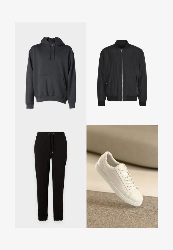 Veste bomber noire avec fermeture éclair sur le devant, poignets et taille côtelés, poches latérales, et un logo subtil sur la poitrine. Texture de tissu lisse.; Haut à capuche gris foncé en tissu doux, avec une poche avant, des cordons de serrage à la capuche, et des poignets et un ourlet côtelés.; Pantalons de survêtement noirs en tissu doux, avec une taille élastique et des cordons de serrage, des poches latérales et des poignets froncés aux chevilles.; Baskets en cuir blanc avec des lacets blancs, exposées sur une surface beige texturée et avec un arrière-plan flou doux.