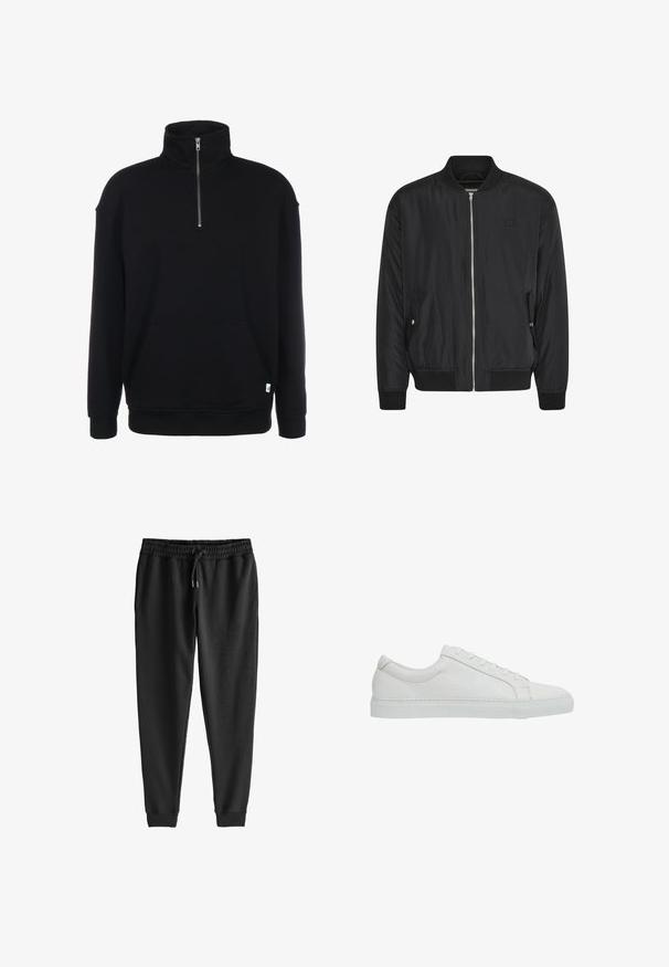 Schwarze Bomberjacke mit Reißverschluss vorne, gerippten Bündchen und Saum, seitlichen Taschen und einem dezenten Logo auf der Brust. Glatte Stofftextur.; Schwarzer Sweatshirt mit Zip-Kragen, langen Ärmeln, weicher Textur, einer Fronttasche und einem kleinen grünen Logo am Saum.; Schwarze Jogginghose aus weichem Stoff, mit einem elastischen Taillenbund und Tunnelzug, schmal zulaufenden Beinen und gerippten Bündchen an den Knöcheln.; Reiss REGULAR FIT - LUCA TUMBLED - Sneaker low - white