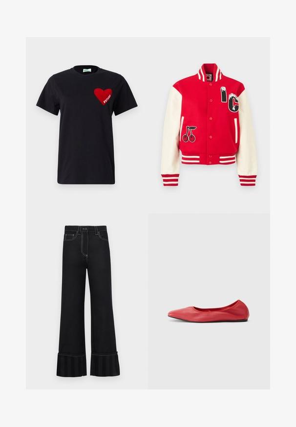 Veste universitaire rouge et blanche avec poignets et col rayés, écusson cerise sur le devant gauche, et lettres "IC" sur la poitrine droite.; T-shirt en coton noir avec un graphique de cœur rouge contenant le mot "FUTURE" à l'intérieur, col rond et manches courtes.; Pantalons évasés noirs en denim avec des coutures blanches contrastantes et un accent en tissu rayé à l'ourlet. Comprend des poches avant.; Filippa K REY FLATS - Ballerines - bright red