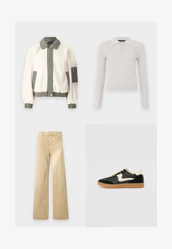 Veste en fausse fourrure de couleur crème avec une ceinture, un col et des poignets en tissu vert. Elle dispose d'une poche zippée sur le bras gauche.; Polo à manches longues gris clair avec une texture côtelée, patte de boutonnage à deux boutons et col classique. Tissu doux avec une coupe ajustée.; Pantalon ample en velours côtelé beige avec une texture lisse, doté d'une fermeture à boutons et d'un design classique à cinq poches.; Baskets en daim et cuir noir avec un swoosh latéral crème et un talon crème clair. Dotées de lacets beige et d'une semelle en caoutchouc gomme.
