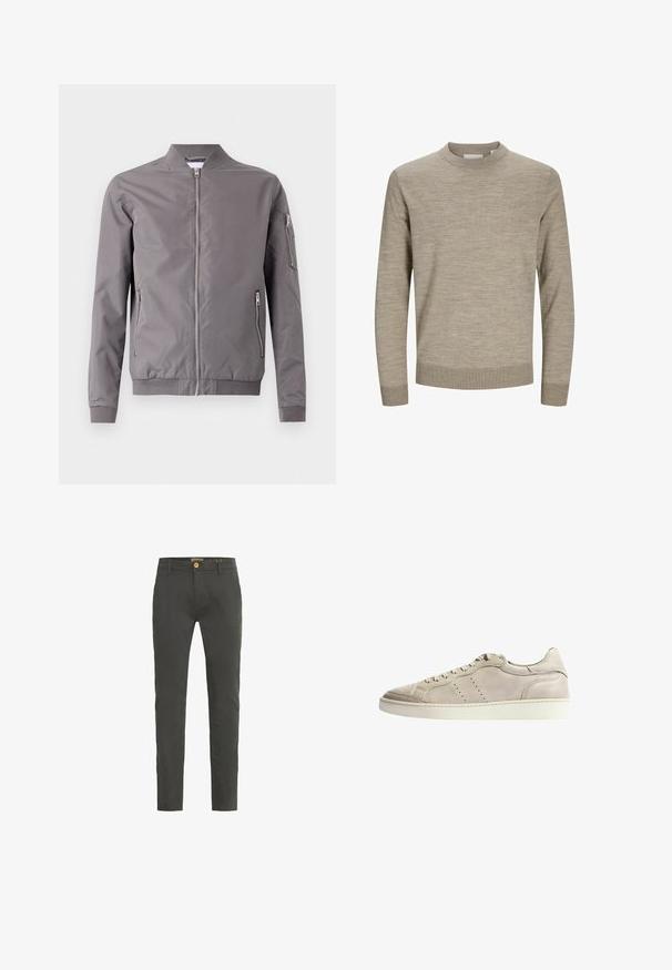 Chaqueta bomber gris hecha de tela suave. Cuenta con un cierre frontal, bolsillos laterales y un bolsillo con cremallera en el brazo. Puños y dobladillo acanalados.; Suéter beige de manga larga con cuello redondo, puños y dobladillo acanalados, exhibido sobre un fondo blanco.; Chinos de corte slim en gris oscuro, elaborados con una mezcla de algodón. Cuentan con un cierre de un solo botón y pasadores para cinturón. Textura suave con un detalle mínimo.; Zapatilla de cuero beige con textura suave, punta redondeada, detalles perforados y suela de goma blanca. Cuenta con cordones planos y un diseño minimalista.
