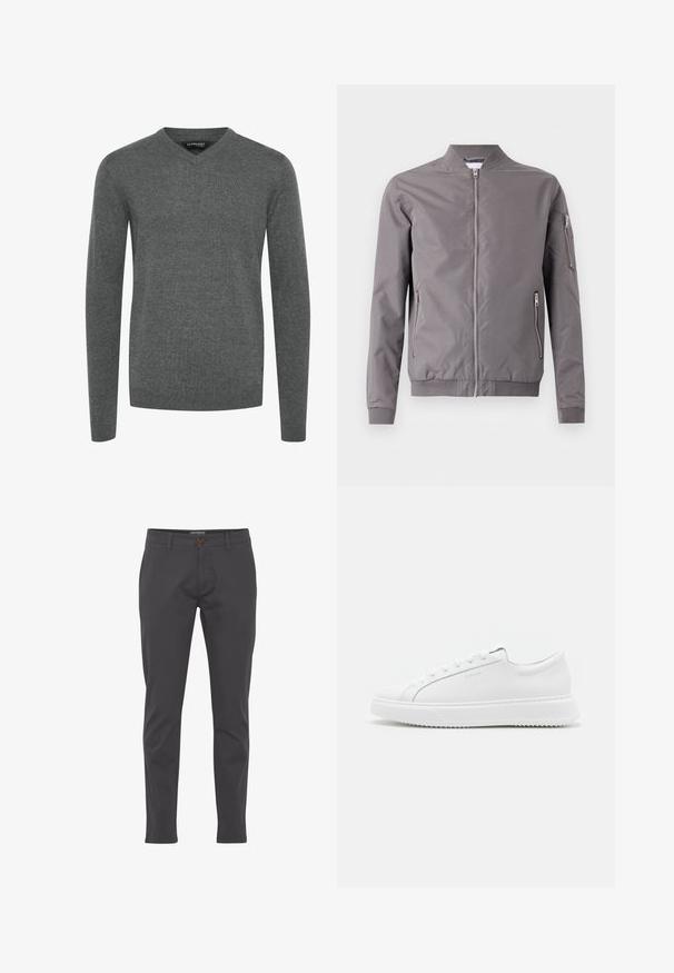 Veste bomber grise en tissu lisse. Elle dispose d'une fermeture éclair à l'avant, de poches latérales et d'une poche zippée sur le bras. Poignets et ourlet côtelés.; Pull en V gris avec des manches longues, en tissu tricoté lisse. Doté de poignets et d'un ourlet côtelés, design minimaliste, sans motifs ni ornements.; Pantalon slim fit homme gris foncé avec bouton à l’avant, fermeture éclair, passants de ceinture et poches latérales, présenté sur fond blanc.; Baskets blanches en matériau synthétique lisse. Dotées d'un design basse, d'une semelle blanche surélevée, d'un embout arrondi et d'un système de laçage à l'avant avec cinq œillets.