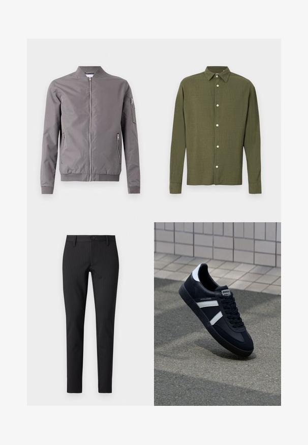 Veste bomber grise en tissu lisse. Elle dispose d'une fermeture éclair à l'avant, de poches latérales et d'une poche zippée sur le bras. Poignets et ourlet côtelés.; Chemise boutonnée vert olive à manches longues avec col pointu et motif de tissu texturé subtil, présentée sur un fond uni.; Pantalons à rayures noires avec une coupe plate, ajustée, dotés d'une fermeture boutonnée et de passants de ceinture, fabriqués dans un matériau textile lisse.; Sneaker en cuir noir avec des rayures blanches, semelle en caoutchouc texturée et devant à lacets. Présente une étiquette de marque sur la languette.