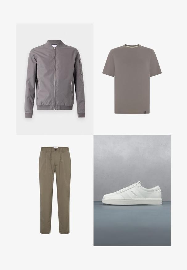 Chaqueta bomber gris hecha de tela suave. Cuenta con un cierre frontal, bolsillos laterales y un bolsillo con cremallera en el brazo. Puños y dobladillo acanalados.; Camiseta lisa de manga corta con cuello redondo en color topo sólido, con una pequeña etiqueta en blanco y negro en el dobladillo inferior.; Pantalones verde oliva hechos de una tela suave con un corte relajado, cinturilla elástica con cordón y dos pliegues delanteros para un diseño adicional.; Zapatilla baja blanca con detalle de cordones, paneles de cuero texturizado y un sutil logotipo en el costado, sobre un fondo claro y liso.