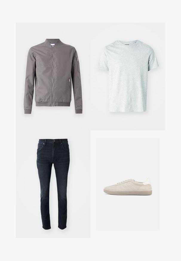 Veste bomber grise en tissu lisse. Elle dispose d'une fermeture éclair à l'avant, de poches latérales et d'une poche zippée sur le bras. Poignets et ourlet côtelés.; T-shirt gris clair à manches courtes en tissu doux, avec un col rond et une coupe légèrement décontractée. Aucun motif ou graphique visible.; Jeans en denim bleu foncé avec une coupe droite, un design à cinq poches et un léger effet décoloré sur les cuisses, dotés d'une fermeture à bouton en métal.; Baskets en daim beige avec une tige texturée, un contrefort de talon blanc lisse, de fines lacets et une semelle extérieure en caoutchouc. Présente un design bas profil.