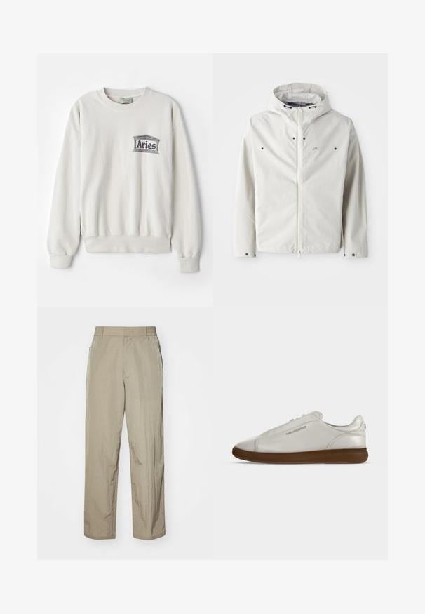 Leichte weiße Jacke mit Kapuze, Reißverschluss und schwarzen Akzentknöpfen. Glatte Textur mit einem dezenten Streifenmuster. Minimale Markenkennzeichnung.; Cremefarbener Sweatshirt aus weichem Stoff, mit rundem Halsausschnitt und gerippten Bündchen. Es verfügt über ein graues, gedrucktes "Aries"-Logo.; Beige leichte Hose mit lockerer Passform, ausgestattet mit einem elastischen Bund und seitlichen Taschen. Der Stoff wirkt strukturiert und leicht zerknittert.; Weißer Low-Top-Sneaker mit brauner Sohle und "Karl Lagerfeld"-Logo an der Seite, von der linken Seitenansicht auf einfachem Hintergrund dargestellt.