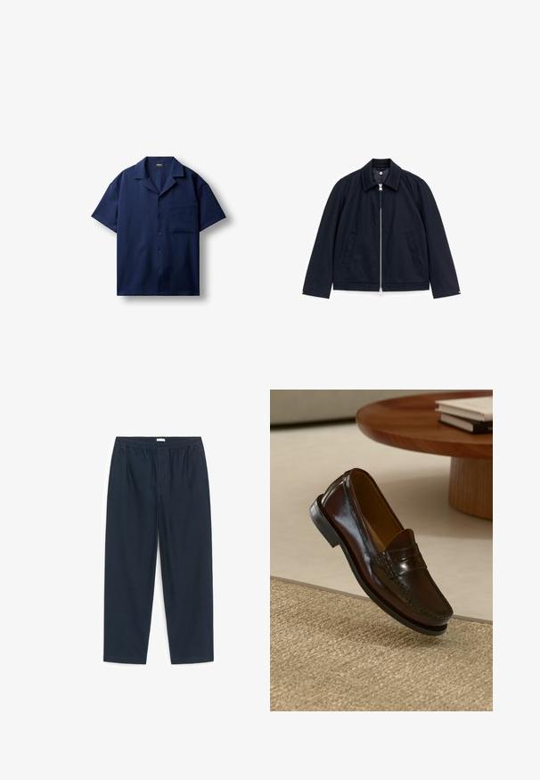 Veste marine zippée avec col, deux poches avant, manches longues, et boutons-pression aux poignets, posée à plat sur fond blanc.; Chemise bleu marine à manches courtes avec boutons, col camp et une poche poitrine, posée à plat sur fond blanc.; Pantalon bleu marine à taille élastique, jambe droite, poches latérales et devant plat, conçu pour un usage décontracté.; Mocassins en cuir marron au fini brillant, avec un détail cousu sur le devant et une semelle en caoutchouc noir à profil bas.