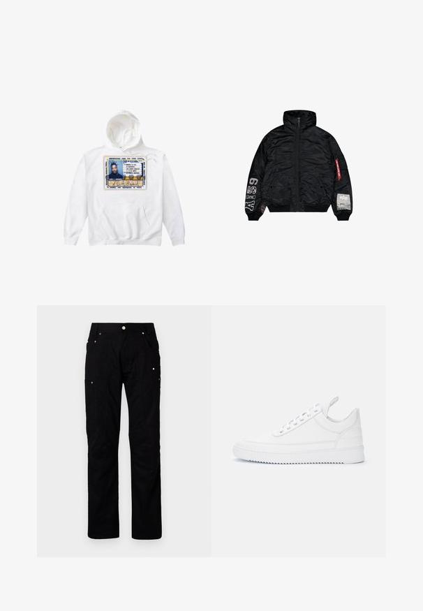 Veste bomber noire en nylon, dotée d'une fermeture éclair à l'avant, d'un col montant, de poignets élastiques et d'une patch sur la manche avec logo et accent de tirette rouge.; Sweat-shirt à capuche blanche avec un grand design d'une carte d'identité imprimée en bleu, jaune et noir, doté d'une poche avant et d'un cordon de serrage.; Pantalons cargo noirs en tissu durable, dotés de plusieurs poches, de coutures renforcées et d'accents en métal pour une fonctionnalité améliorée.; Baskets basses blanches à fermeture lacée, détails surpiqués, languette au talon et semelle crantée sur un fond clair uni.