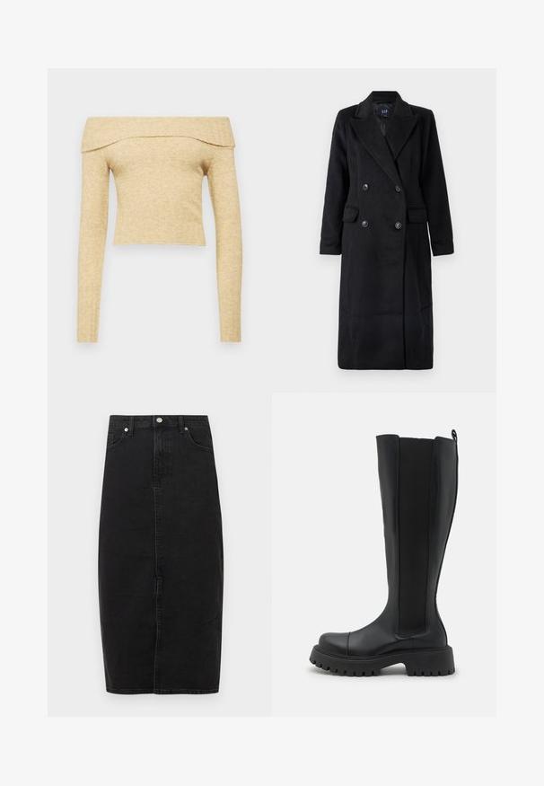 Sort uldblandet dobbeltradet frakke med kløvet krave, to lommer foran og to markante knapper på hver side. Lange ærmer.; Off-the-shoulder, langærmet top i lys beige strikket stof med ribbet halsudskæring. Kort længde med blød tekstur.; Sort denimnederdel med høj talje, knælængde, forreste søm og klassisk fem-lomme-design. Har metallic knap og subtil tekstur.; Sort knæhøj støvle med en glat læderoverdel, elastiske sider, en kraftig sål med mønster og et rundt tådesign.