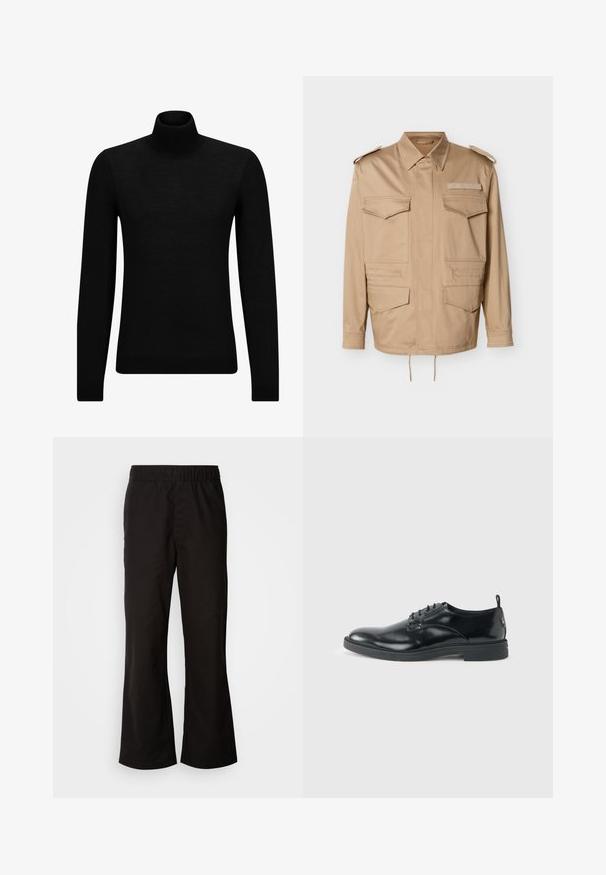 Beige arbejdsjakke med to brystlommer og to nederste lommer. Har en krave og knap-epauletter. Justerbar snøre i kanten.; Sort turtleneck sweater lavet af blødt materiale, med lange ærmer og en tætsiddende pasform. Ribbet trim ved kanten og manchetter. Simpelt design.; Sorte bukser med elastisk talje og n tapered form, lavet af glat bomuldsstof. Har et enkelt design og lige benåbninger.; Blank sort læder dresssko med lav hæl, snørelukning og rund tå, vist fra siden på ensfarvet lys baggrund.