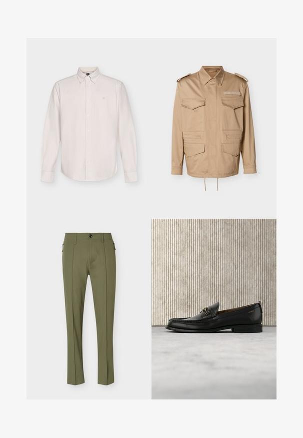 Veste utilitaire beige avec deux poches poitrine et deux poches basses. Caractérisée par un col à revers et des épaulettes à boutons. Ourlet avec cordon de serrage réglable.; Chemise blanche à manches longues avec fines rayures verticales, boutonnée à l'avant, col boutonné et logo discret sur la poitrine.; Pantalon vert olive coupe slim avec pli avant, fermeture par bouton, passants pour ceinture et poches latérales zippées.; Mocassin en cuir noir avec mors en métal doré et logo "HUGO", présenté sur un tapis beige et un meuble translucide marron.