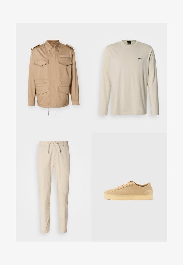 Beige werkjack met twee borstzakken en twee lagere zakken. Heeft een kraag en knopen op de schouderbanden. Verstelbaar trekkoord aan de zoom.; Beige T-shirt met lange mouwen, gemaakt van katoen, met een ronde hals en een klein zwart "BOSS"-logo op de linkerborst. Gladde textuur.; Lichtbeige broeken met een gladde stoftextuur, elastische tailleband en verstelkoord. Tapered model. Geen zichtbare patronen.; Beige suède lage sneaker met dikke gumzool, vetersluiting aan de voorkant en subtiele zijkant branding op een effen lichtgrijze achtergrond.