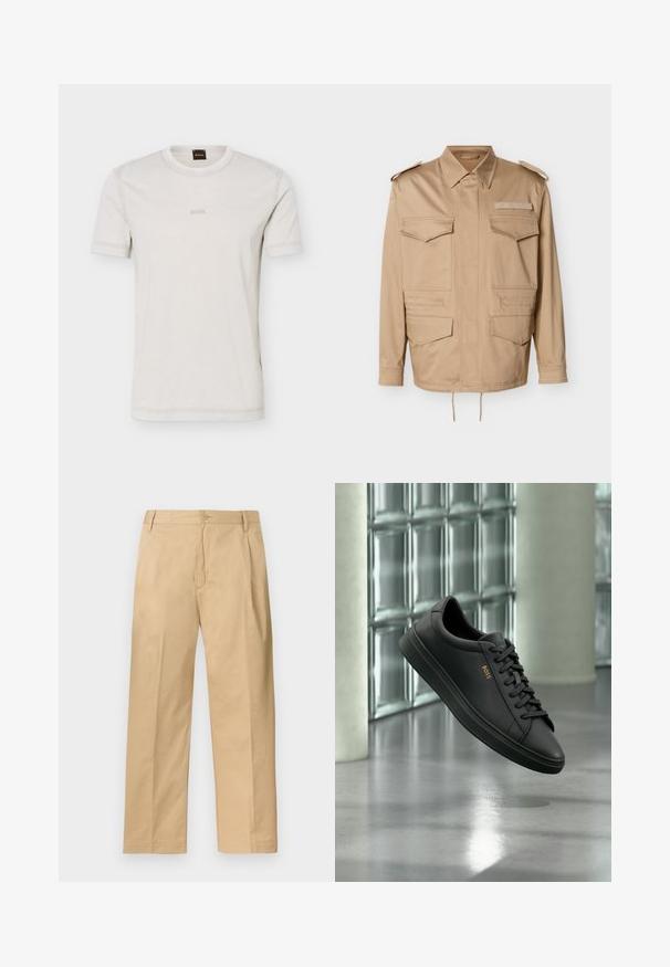 Veste utilitaire beige avec deux poches poitrine et deux poches basses. Caractérisée par un col à revers et des épaulettes à boutons. Ourlet avec cordon de serrage réglable.; T-shirt à manches courtes couleur blanc cassé avec col rond et logo "BOSS" discret sur la poitrine, accompagné d'une étiquette noire au col portant l'inscription "BOSS" en orange.; Pantalon chino beige à jambe droite avec fermeture par boutons et zip, passants pour ceinture et poches latérales, étalé à plat sur un fond blanc.; Baskets basses en cuir noir avec lacets noirs et logo BOSS doré sur le côté, flottant au-dessus d’un sol gris brillant dans un espace intérieur moderne.