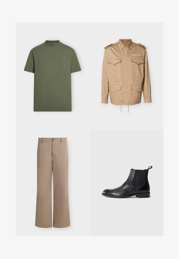 Veste utilitaire beige avec deux poches poitrine et deux poches basses. Caractérisée par un col à revers et des épaulettes à boutons. Ourlet avec cordon de serrage réglable.; T-shirt vert olive à manches courtes avec un col côtelé haut et un logo texte "BOSS" au centre avant du col.; Pantalon beige droit avec fermeture par bouton et zip, passants pour ceinture et poches latérales sur fond uni.; Bottine en cuir noir avec des panneaux latéraux élastiques, bout rond et tirette. Texture lisse, semelle plate, design minimaliste.